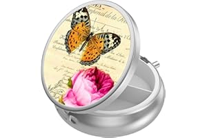 SERFEYMI Cute Small Pill case for Pockets & Purses,Elegant Pill Box Makes a Great Gift,3 Compartment Travel Medicine Organizer Stores Progesterone,Capsule Pills, Ibuprofen, Vitamins-Sliver Retor Butterfly