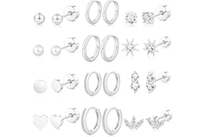 SWEETKIKI Hypoallergenic Flat Back Earrings for Women: 14K Gold Plated Surgical Stainless Steel Screw Flatback Stud Earrings Sterling Silver Small Huggie Hoop Earrings for Cartilage Earring Sets for Multiple Piercing