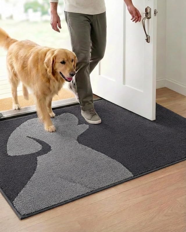 50×80cm Paillasson Intérieur Antidérapant et Absorbant – Tapis Microfibre Lavable avec Base en Caoutchouc pour Cuisine, Salle de Bain, Entrée et Animaux – Gris Anthracite Chien — photo 1 sur 8