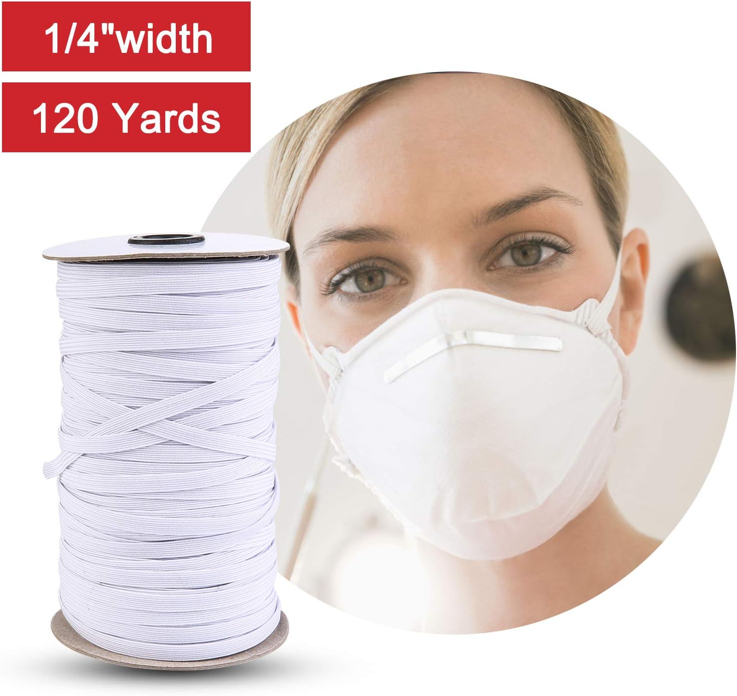 120 Yard Elastic Band Braid Rope Spool Elastic String for Sewing Craft DIY Mask (1/4inch, White)