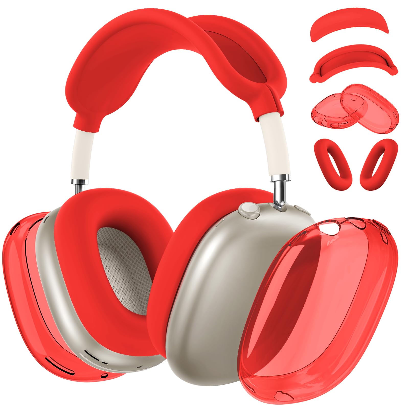 View 1 of [4 in 1] Silicone Case Cover for AirPods Max Headphones,Clear Soft TPU Ear Cups Cover/Ear Pad Case Cover/Headband Cover for AirPods Max (2024/2020),Transparent Accessories for AirPod Max (USB-C), Red