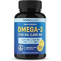 Triple Strength Omega 3 Fish Oil | 3600 mg EPA & DHA | Over 2,000mg of Omega-3 Fatty Acids | Over 1,200mg EPA + 800mg DHA | B