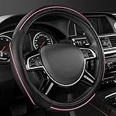 CAR Pass Colour Piping Leather Universal Fit Steering Wheel Cover, Perfectly fit for 14.5-15 inches Suvs, Vans, Trucks, Sedans, Cars (Black&Pink)