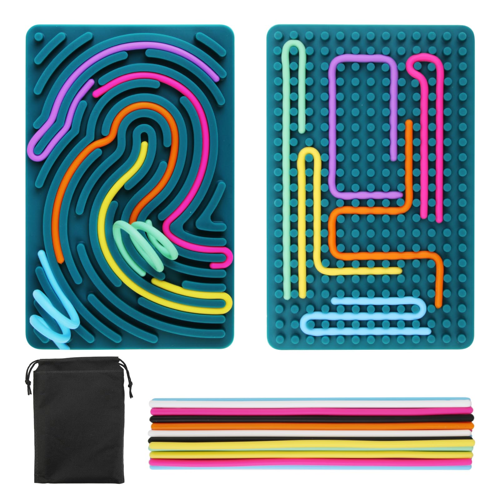 Sensory Activity Board Silicone Fidget Toys for Calming Anxiety Stress ADHD Autism Early Development New Year Fine Motor Skill Board Portable Bag 20 Strings for Plane Silent Travel Fidgets Green