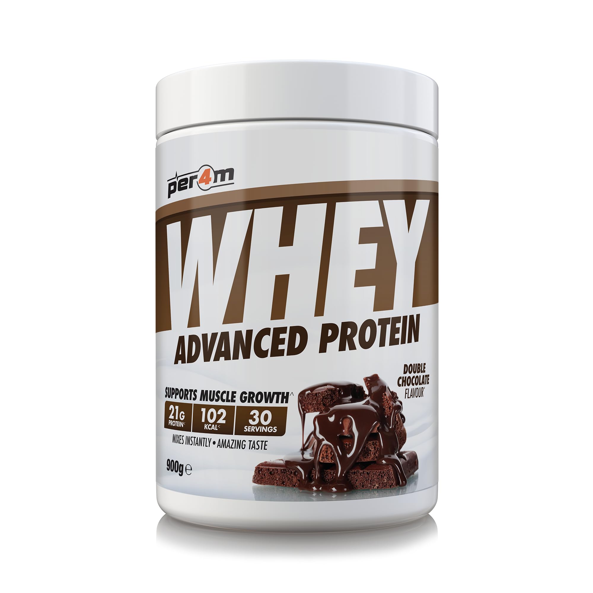 Per4m Whey Protein Powder | High Protein Shake for Muscle Growth & Recovery | Low Sugar Gym Supplement | Sports Nutrition Drink + Amino Acids (900g, Double Chocolate)