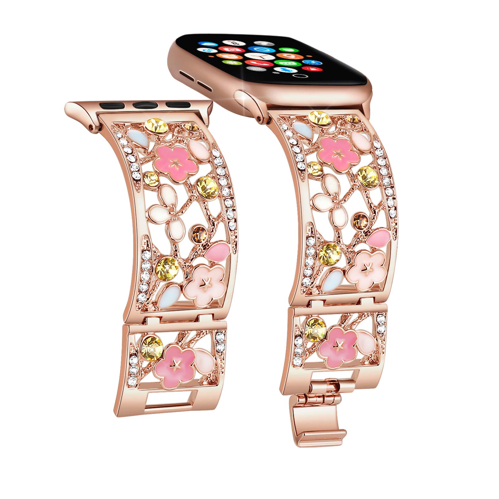 Duoan Floral Bracelet Compatible with Apple Watch Band 42mm 44mm 45mm 46mm 49mm iWatch Series 11 10 9 8 7 6,Bling Crystal Hollow Metal Strap,Women Dressy Jewelry Wristband(42/44/45/46/49mm,Rose Gold)