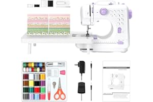 All-in-One Mini Sewing Machine for Beginners with Sewing Kit & 28-Piece Fabric Set(Pink/Green), Extension Table, 12 Built-in Stitches, 2-Speed with Foot Pedal, CRZFRI Portable for Home DIY