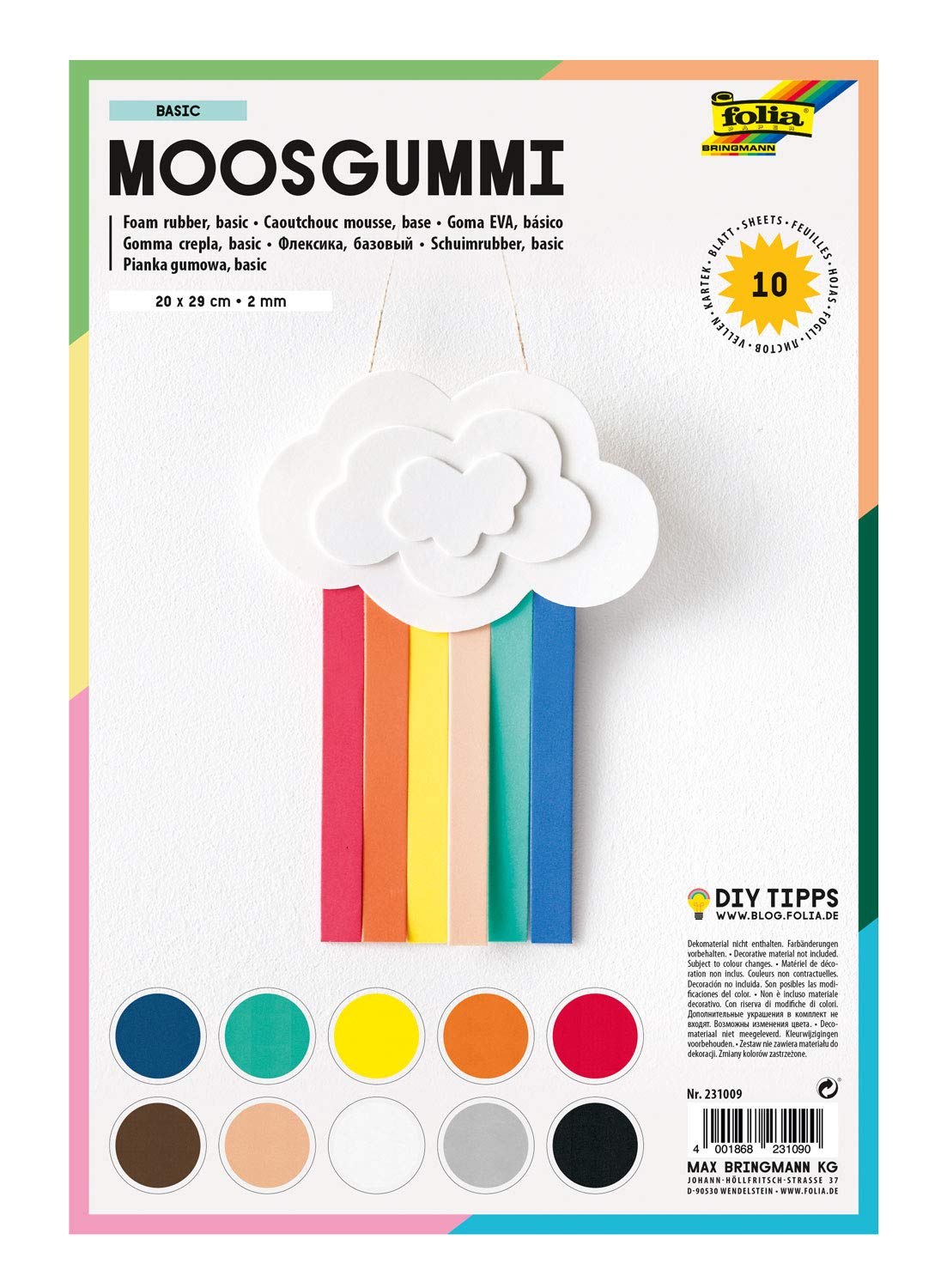 folia 231009 - Foam Rubber 20 x 29 cm, 10 Sheets 10 Assorted Colours