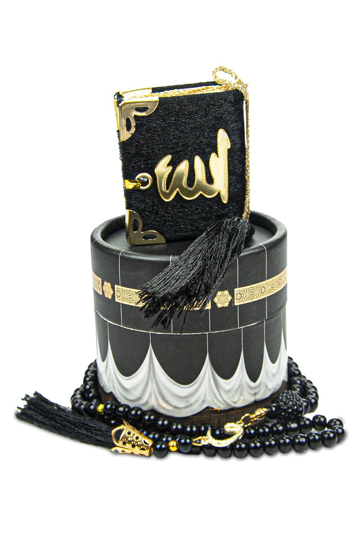 ihvan online, Islamic Prayer Cylinder Gift Box with Elegant Velvet Covered Mini Quran & Prayer Beads Tesbih, Misbaha Tasbeeh Sibha 99 Mala Tasbih Ramadan & Eid Gift, Black
