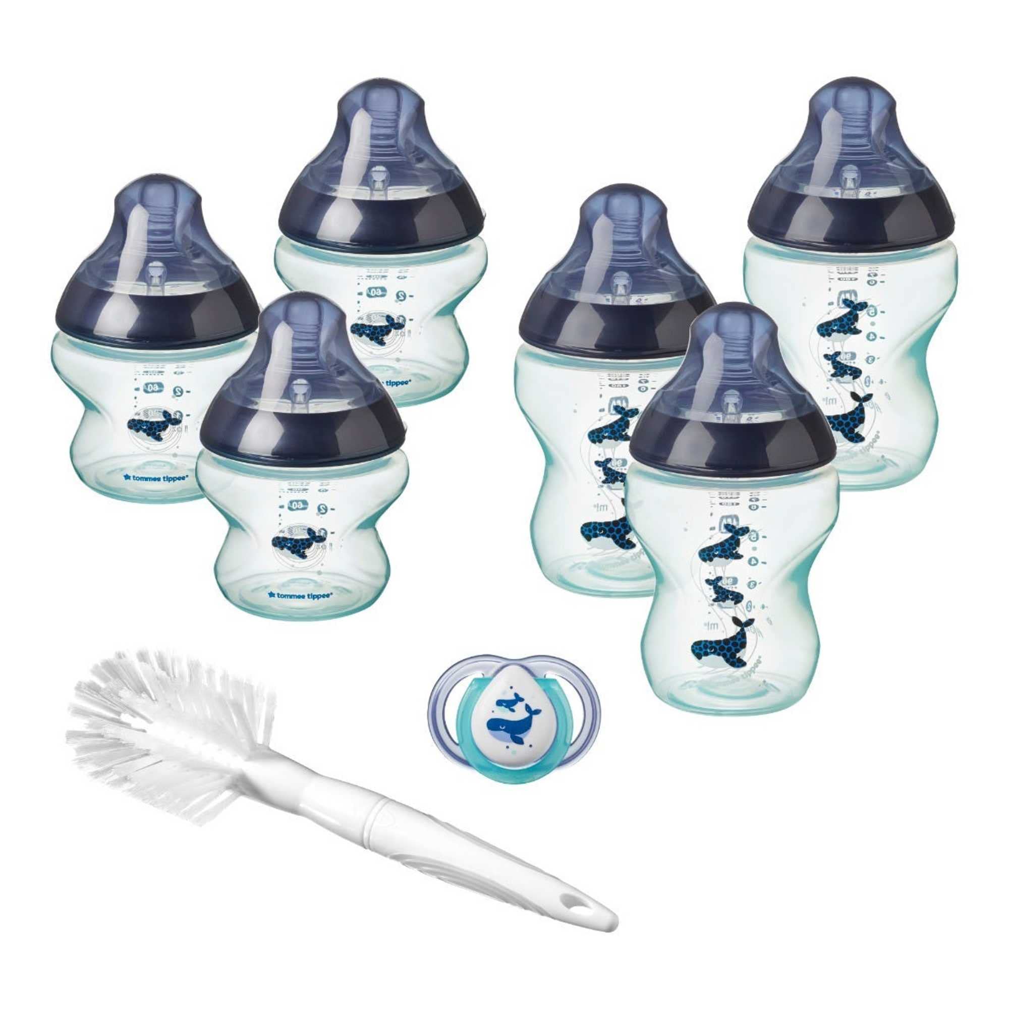 Tommee Tippee Closer to Nature® Newborn Baby Bottle Starter Set, Breast-Like Teats with Anti-Colic Valve, Neutral Whale Decoration