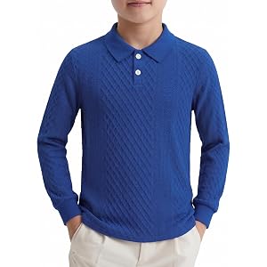 Boys Long Sleeve Polo Shirt Textured Knit Collared School Uniform Shirt | Soft textured knit fabric with stretch, wrinkle-res
