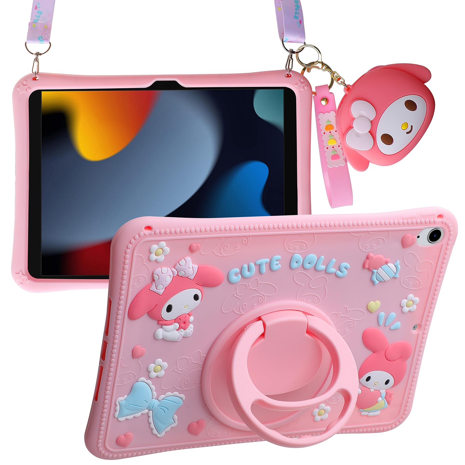 Photo 1 of Carechoi Kids Case for iPad (A16) 11th Generation 11 inch 2025 / iPad 10th Gen 10.9" 2022 – Cute 3D Cartoon Silicone Tablet Cover for Girls with 360° Rotating Stand, Adjustable Strap (Pink)