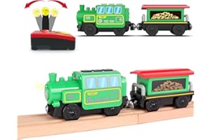 Battery Operated Train Set for Wooden Tracks,Remote Control Motorized Train Compatible with Thomas, Brio,Locomotive Toy Gift 