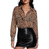 Prettywear Women Sheer Long Sleeve Tops See Through Mesh Oversized Blouses Sexy Trendy Button Down Shirts Tunic