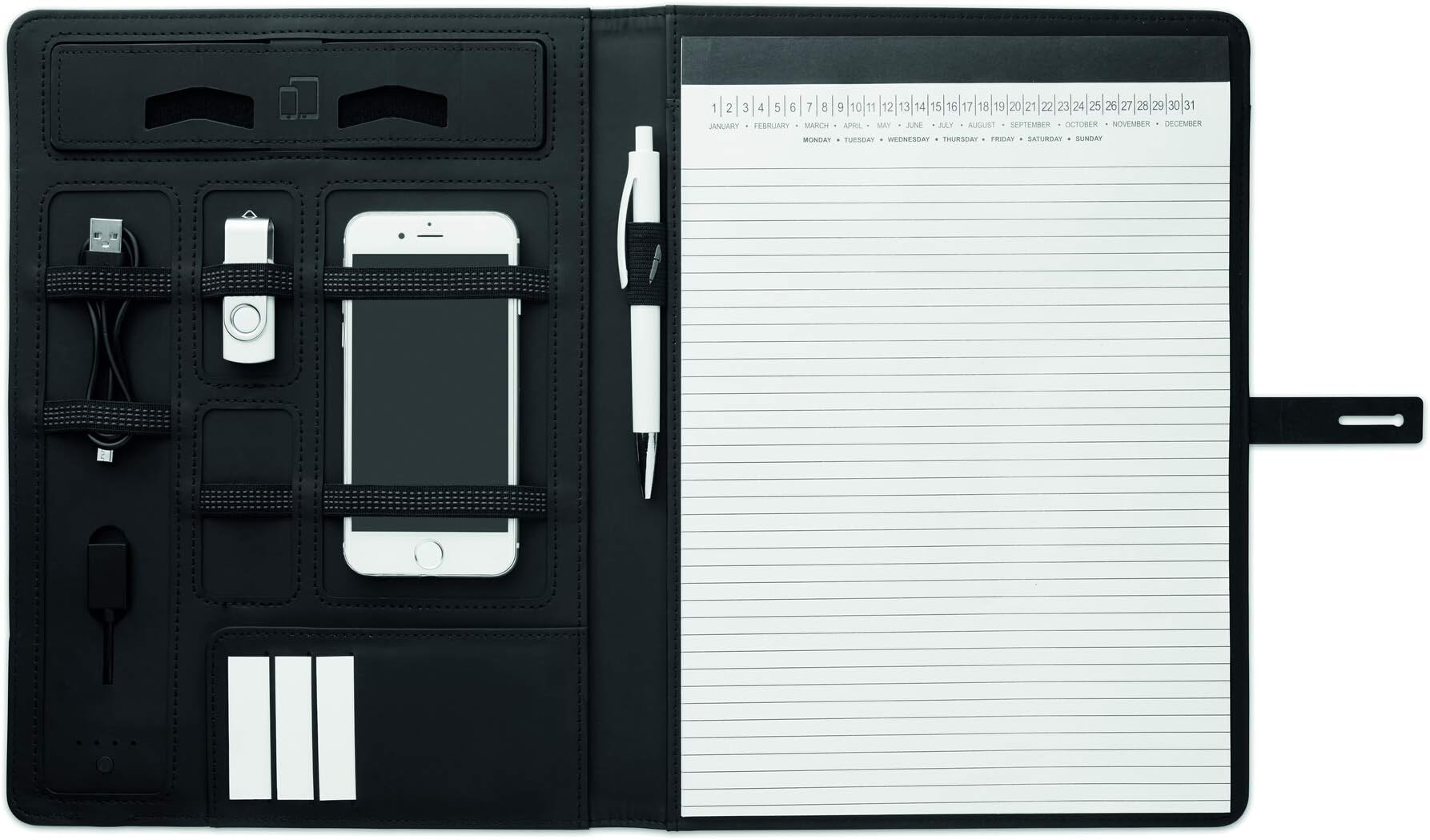 A4 portfolio in linen PU with closure including 4000 mAh power bank - black