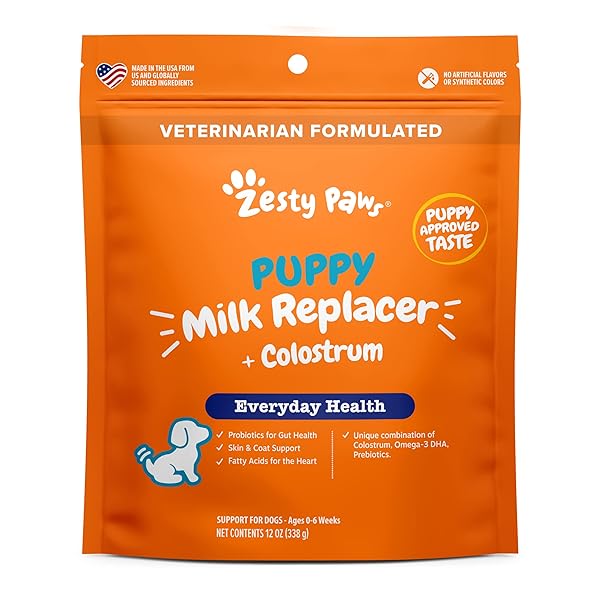 ZESTY PAWS PUPPY MILK REPLACER + COLOSTRUM – MILK REPLACEMENT SUPPLEMENT POWDER FOR PUPPIES & SENIOR DOGS – OMEGA 3 DHA, PREBIOTICS & PROBIOTICS FOR DOGS – FOR SKIN, COAT, HEART & GUT HEALTH – 12 OZ…