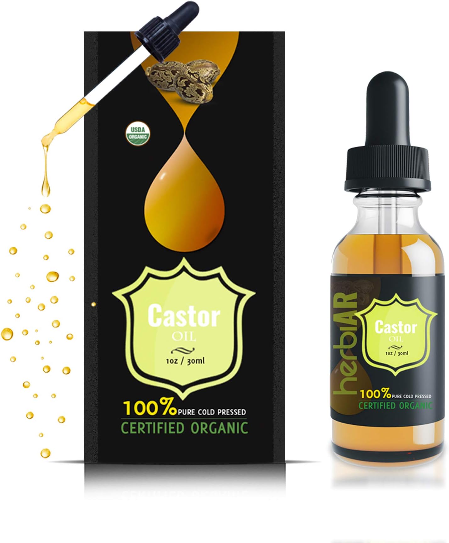 Organic Castor Oil for Hair Growth - USDA Certified, 100% Pure Cold-Pressed & Hexane-Free Oil for Dry Skin, Lashes and Eyebrows | Herbiar (1 oz/30 ml)