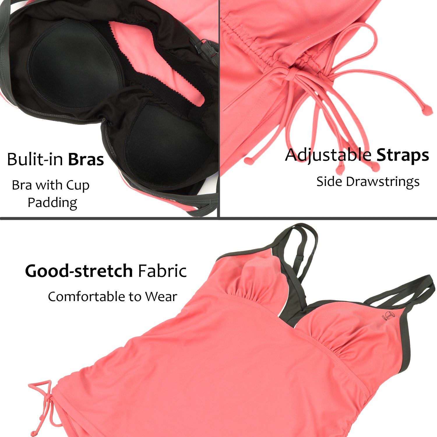 Terrania Women\'s Tankini Swimsuits Two Piece Bathing Suits Set, Built-in Bra, Red, XX-Large