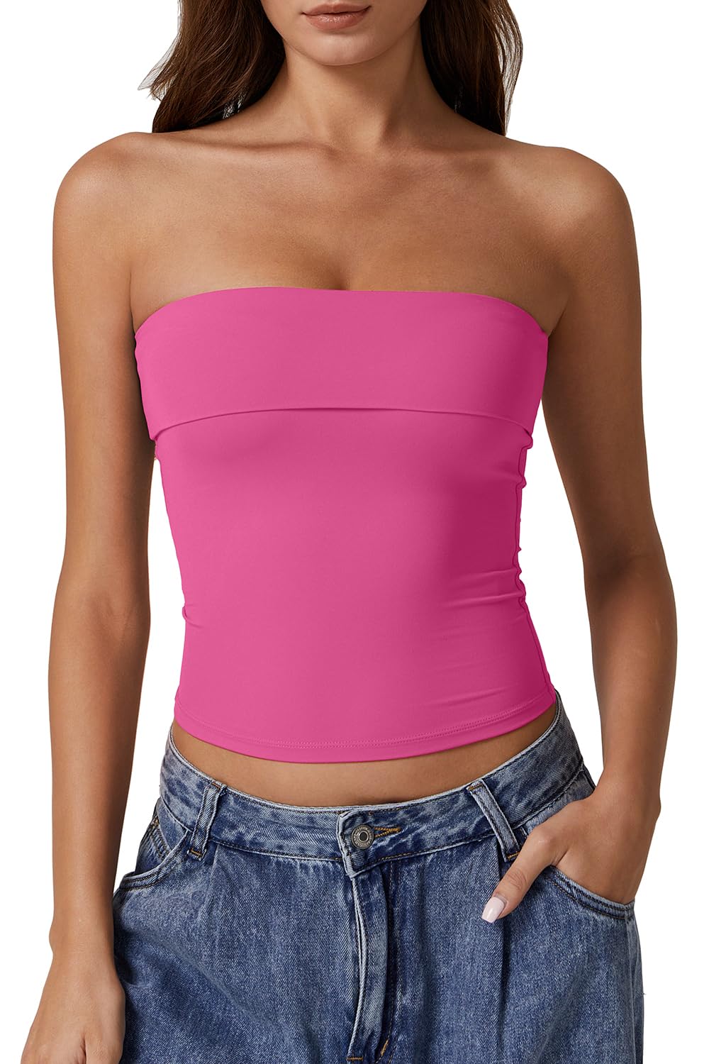 Photo 1 of QINSEN Summer Women Tube Top Going Out Foldover Double Lined Y2K Basic Tank Tops Magenta XS
