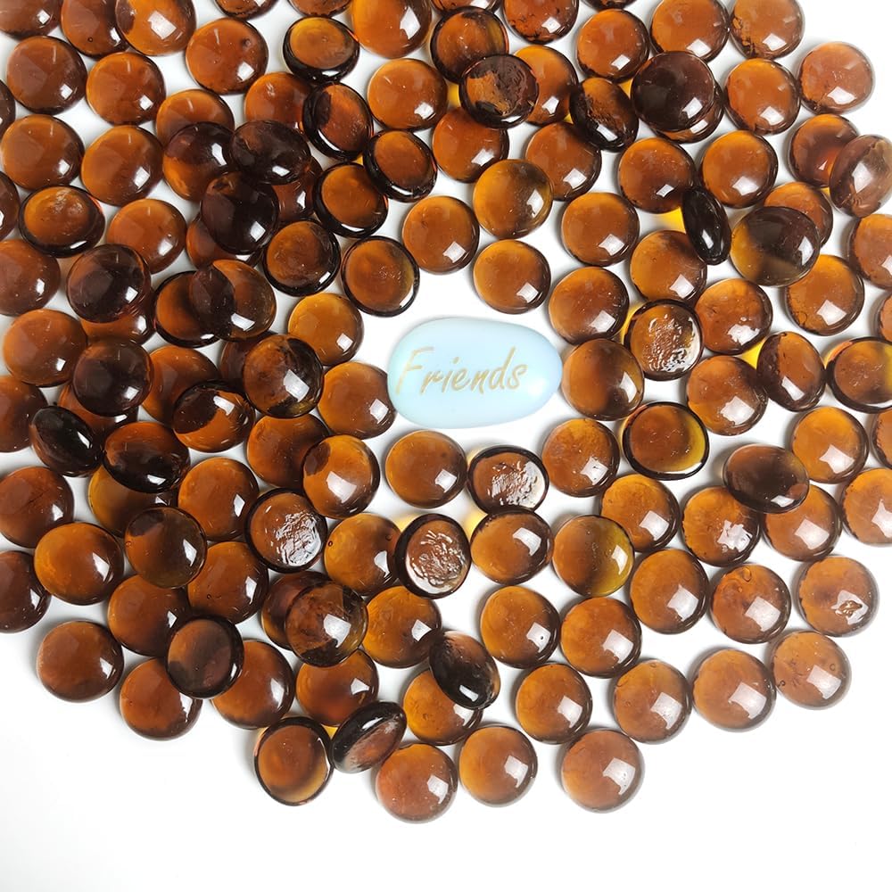 Vase Fillers - HappyFiller Dark Amber Glass Gems Flat Marbles with 1 PC Inspirational Gemstones 5 LB for Flower Vases,Indoor Outdoor Gas Fire Pit Pebbles,Crafts,Candle Holder Decor Beads,Fall Decoration