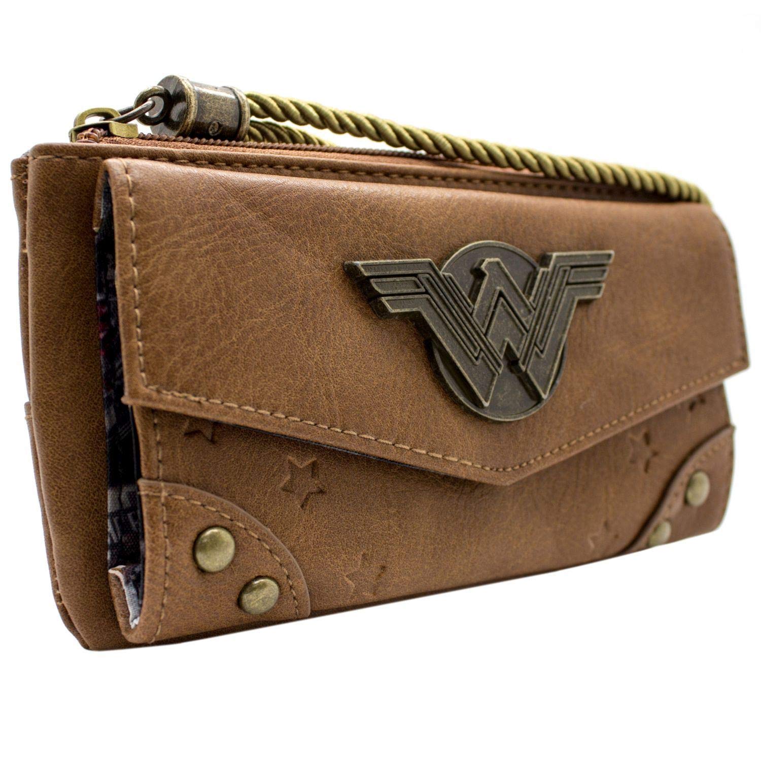 Wonder Woman DC Satchel Metal Emblem Purse Clutch Coin Pocket & Card Holder, Brown