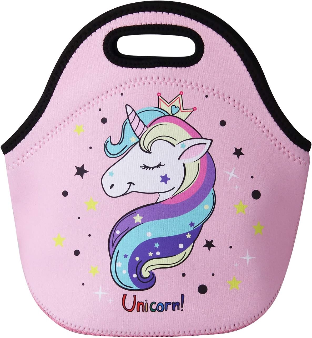 Cute Unicorn Lunch Bag for Kids, Waterproof Insulated Neoprene Lunch Tote with Zipper for School Work Outdoor (Pink)
