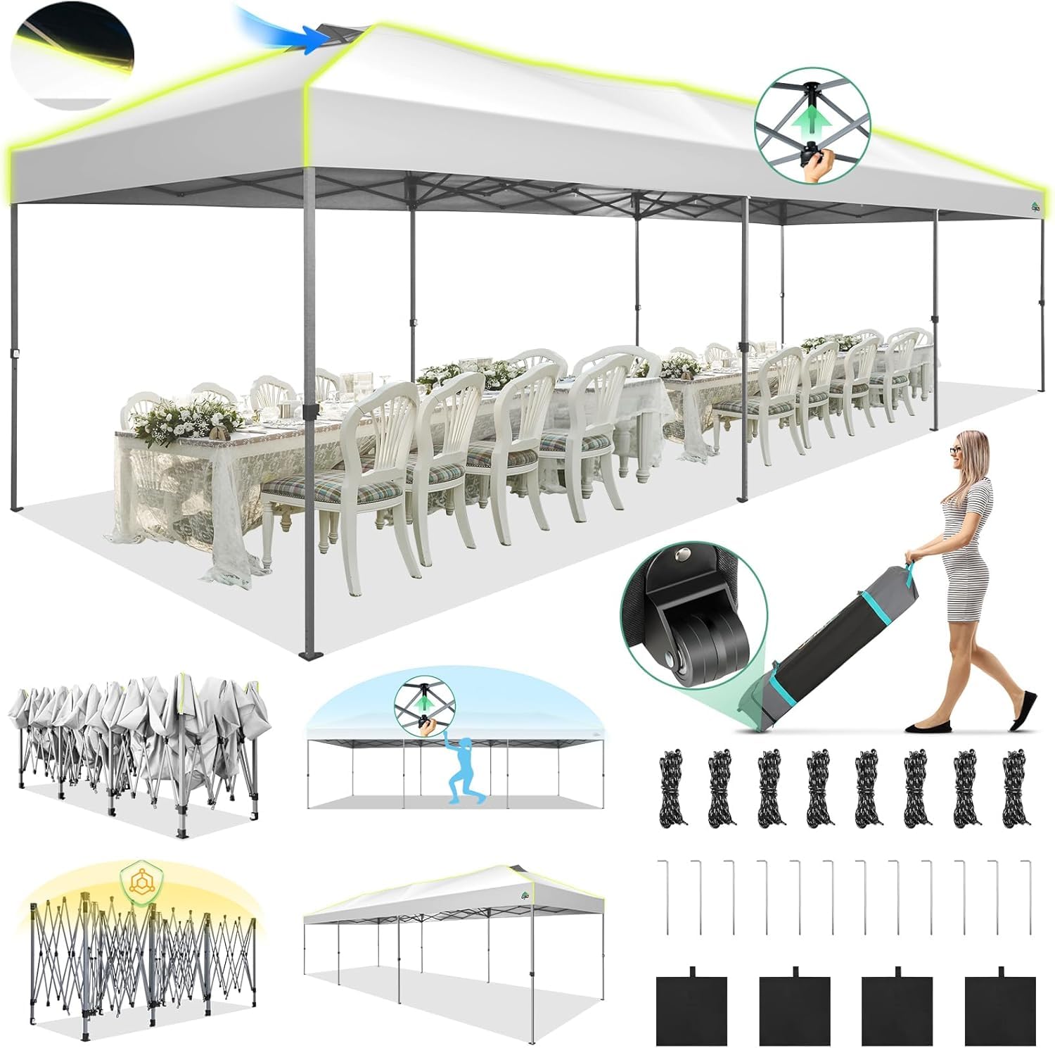 Photo 1 of **PARTS ONLY**COBIZI 10x30 Pop Up Canopy Tent, Wedding Party Tent Without Sidewall One Push Setup Glow, 3 Adjustable Height Air Vent Waterproof UPF50+, Wheeled Bag, Sandbag, Stake, Rope for Commercial, Outdoor