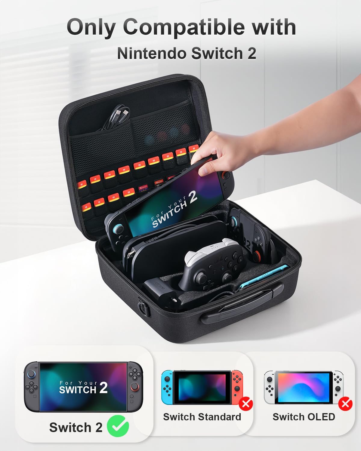 Groß Tasche Kompatibel mit Nintendo Switch 2 (2025), Deluxe Harte Tragetasche mit Taschen für Zubehör und Spielkarten, Portable Switch 2 Schutzhülle Hülle für Konsolle und Andere Zubehör, Schwarz 8