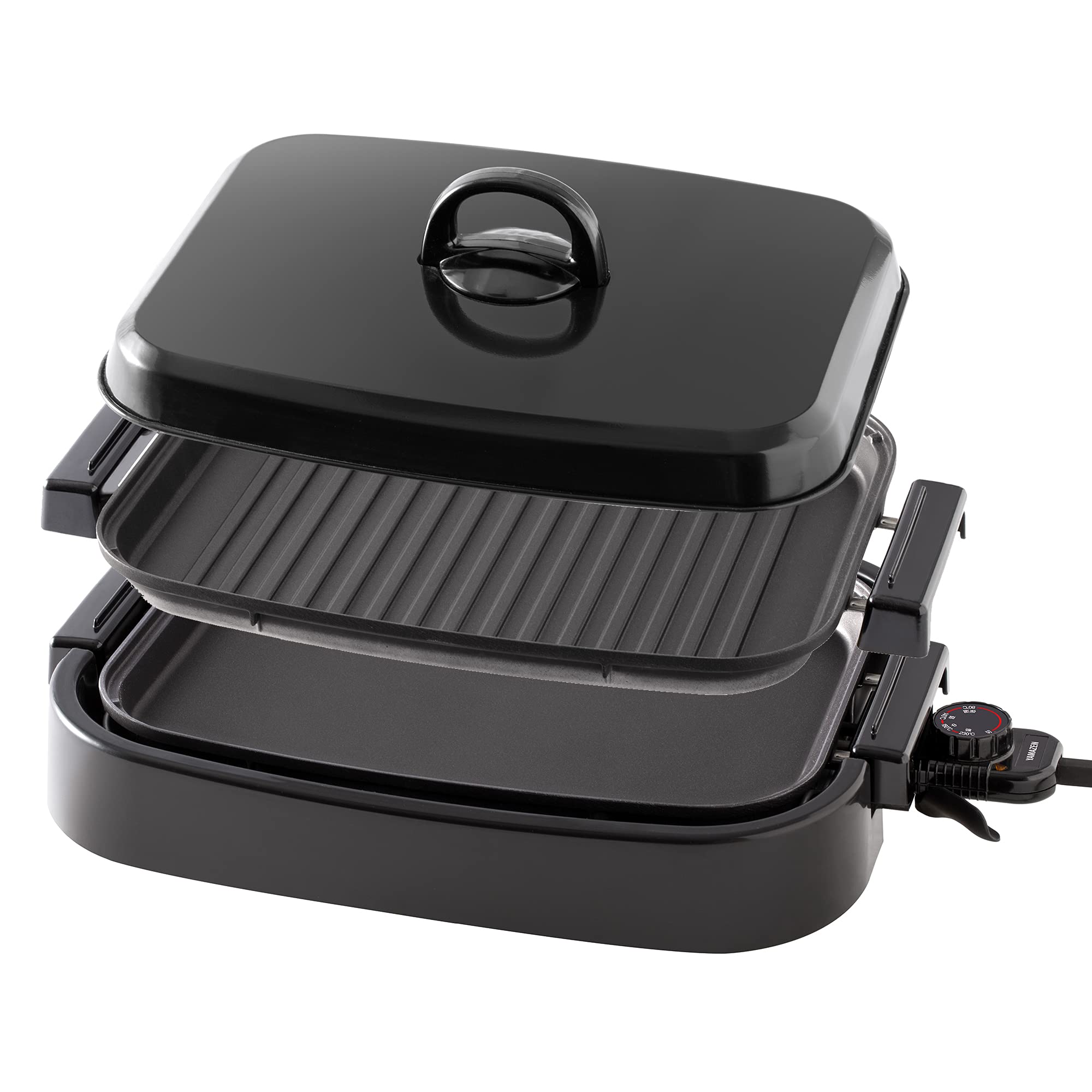 [山善] ホットプレート 2WAY (平面プレート/波形プレート) 着脱式 ワンタッチ操作 蓋付き フッ素コーティング ブラック EDH-W1300(B)商品画像