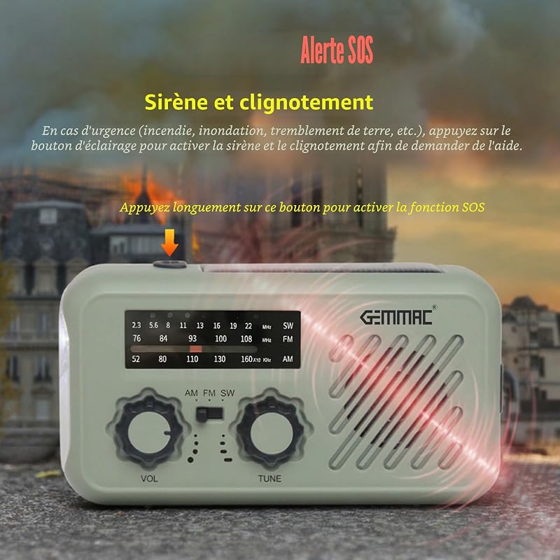 Radio Portable Urgence, FM/AM Radio de Secours avec Rechargement du Solaire Radios Dynamo à Manivelle avec Lampe de Poche Lampe Lecture LED 2000mAh Powerbank SOS Alarm Outdoor Camping — photo 6 sur 7