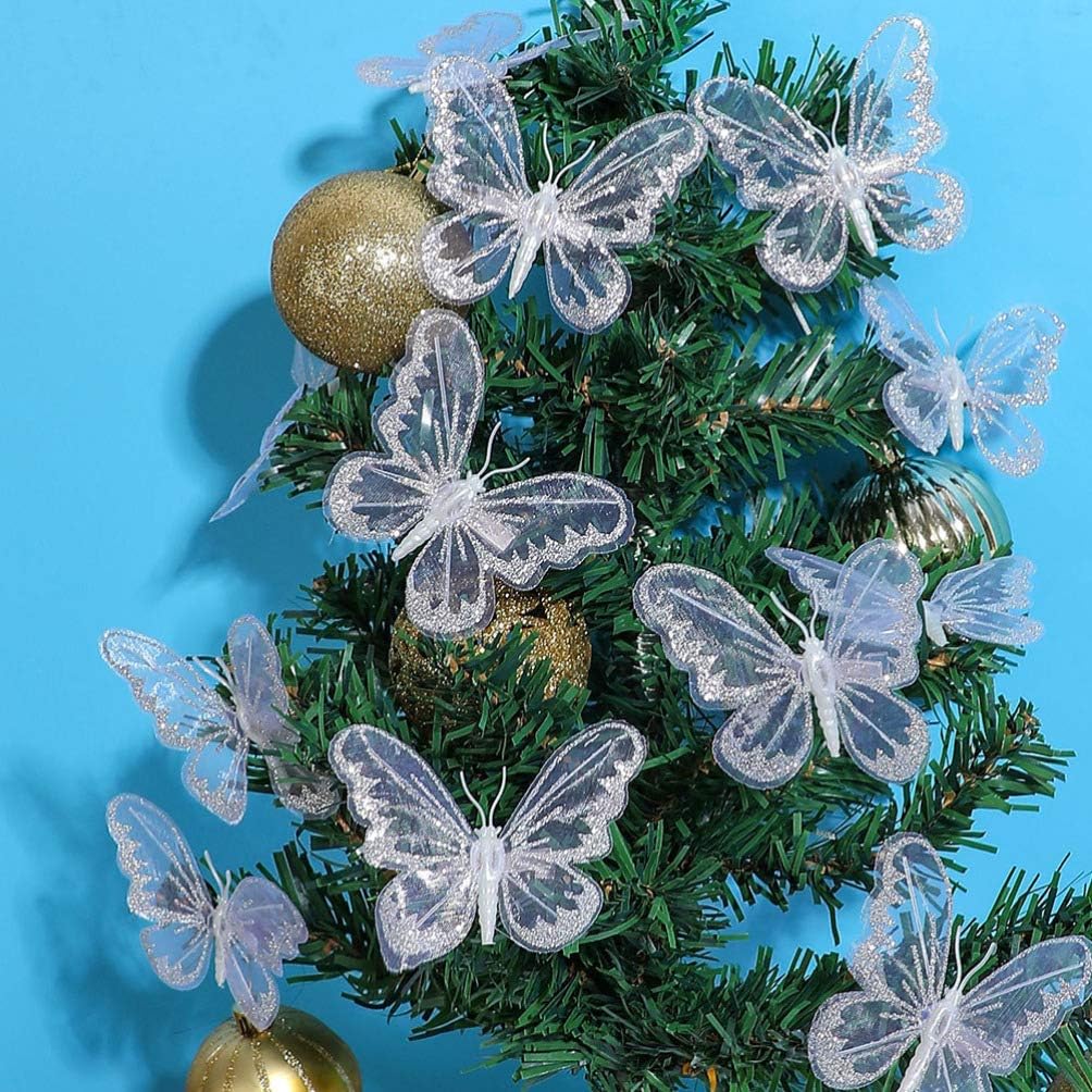 PRETYZOOM Xmas Tree Butterfly Clip Pendant Mini Clips Christmas Tree Decorations Party Favors Family New Year Decors (White) 10PCS - Image 3