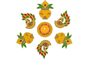 ARTISENIA Meenakari Diwali Rangoli Set – 7-Piece Peacock & Kalash Design | 10x10 Inch Floor & Table Decoration with Studded Stones & Sequins | Traditional Indian Festive Home Door Décor for Diwali & Pooja