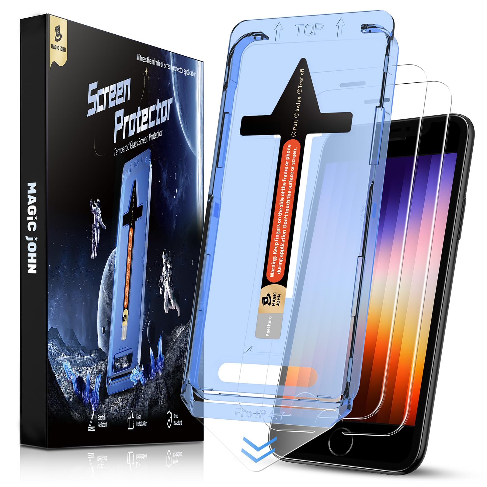 MAGIC JOHN 2 Pack for iPhone SE 2022/SE 2020/8/7/6/6s Screen Protector 4.7 inch, Tempered Glass Film with Auto Dust-Elimination Installation, Bubble Free, Case Friendly