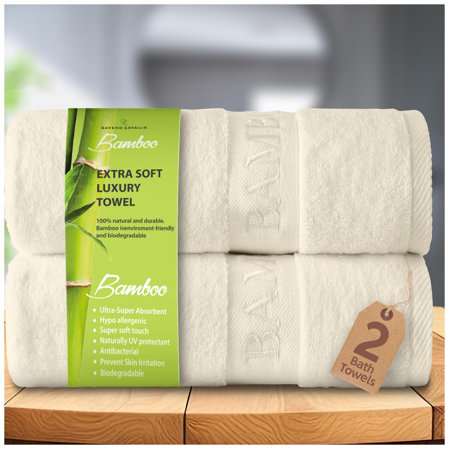 GC GAVENO CAVAILIA Large Bath Towel Bamboo Towels 2 Pack (70x120cm) - Highly Absorbent Quick Dry Towels (40% Cotton, 60% Bamboo) - Washable Bathroom Towel Cream - 500 GSM