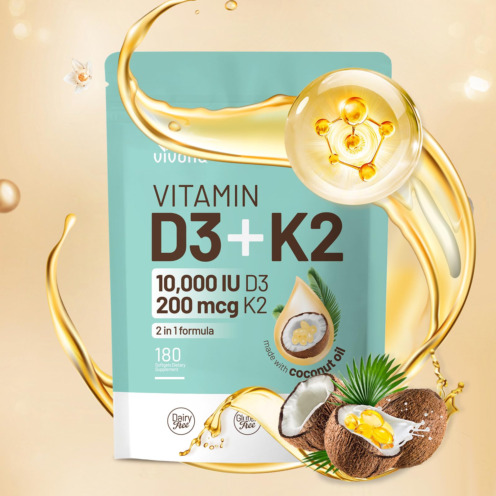 VivoNu Vitamin D3 K2 10000 IU with MK7-300 Virgin Coconut Oil Softgels, 2 in 1 Vitamins D & K Complex | Vitamina D3 con K2 ((180 capsules/1Bag)) Image