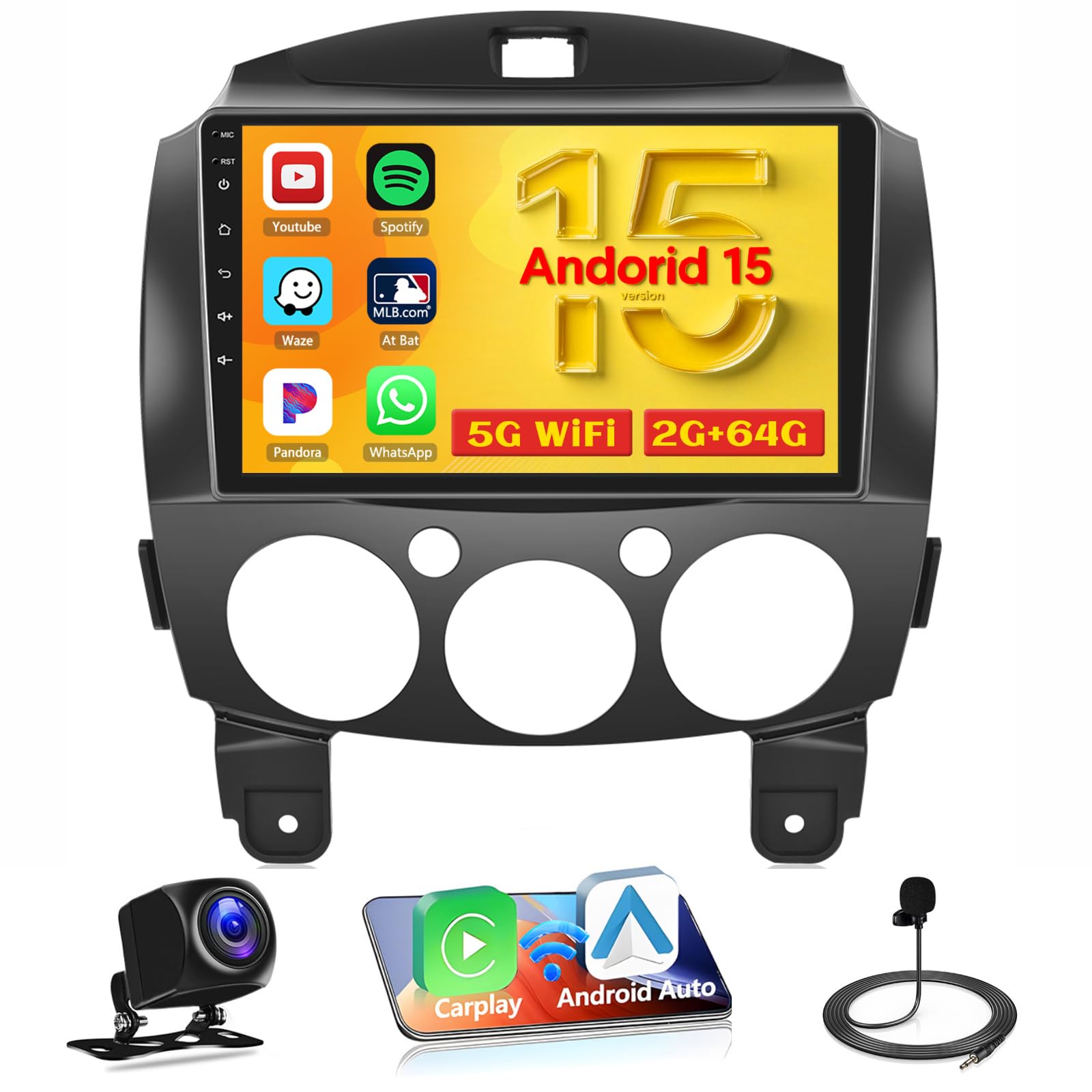 Photo 1 of [4Core 64G] Android 15 Car Stereo for 2007-2014 Mazda 2 Radio, Hikity 9 Inch Touchscreen Radio Wireless CarPlay Android Auto Mirror Link Bluetooth GPS 5G WiFi EQ/FM/RDS SWC+AHD Backup Camera MIC