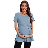 Smallshow Women's Maternity Shirts Tie Front Short Sleeve Pregnancy Tops Clothes