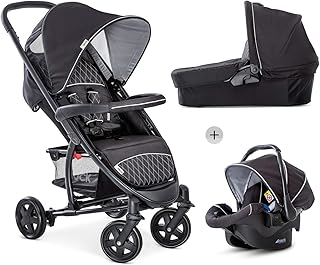 Hauck Malibu 4 Trio Set 3in1 Kombi Kinderwagen bis 18 kg + Babyliegeschale Gruppe 0 + Babywanne mit Matratze, Sportwagen mit Liegeposition ab Geburt, leicht, klein faltbar, schwarz silber