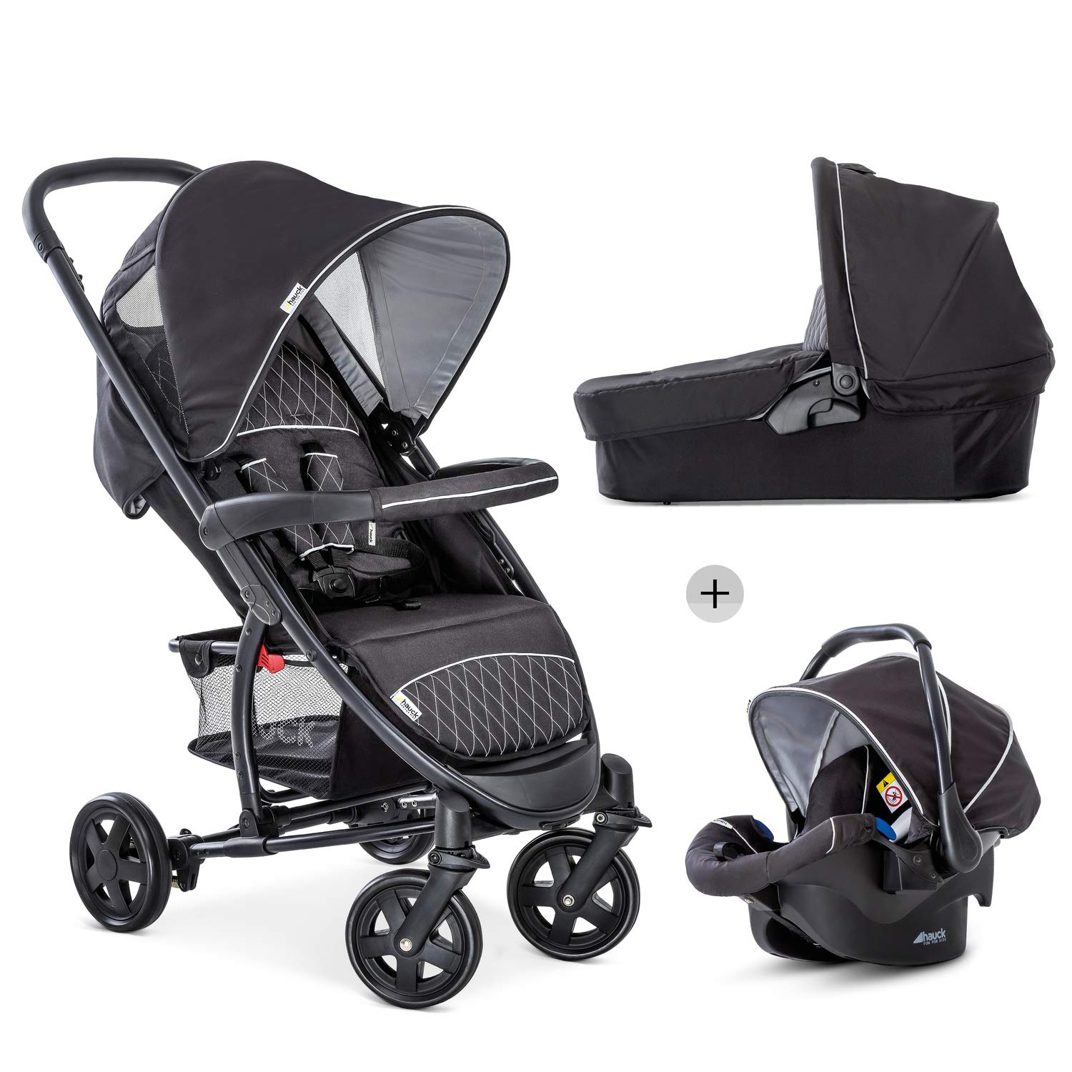 Hauck Malibu 4 Trio Set 3in1 Kombi Kinderwagen bis 18 kg + Babyliegeschale Gruppe 0 + Babywanne mit Matratze, Sportwagen mit Liegeposition ab Geburt, leicht, klein faltbar, schwarz silber