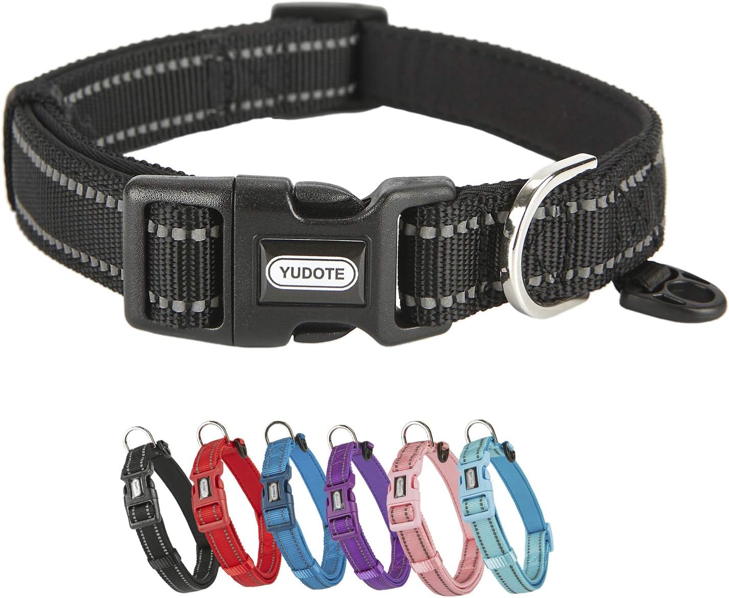 YUDOTE Dog Collar Medium Strong Reflective Nylon Webbing with Soft Comfy Neoprene Padded Linning for Medium Dogs Daily Use,Black