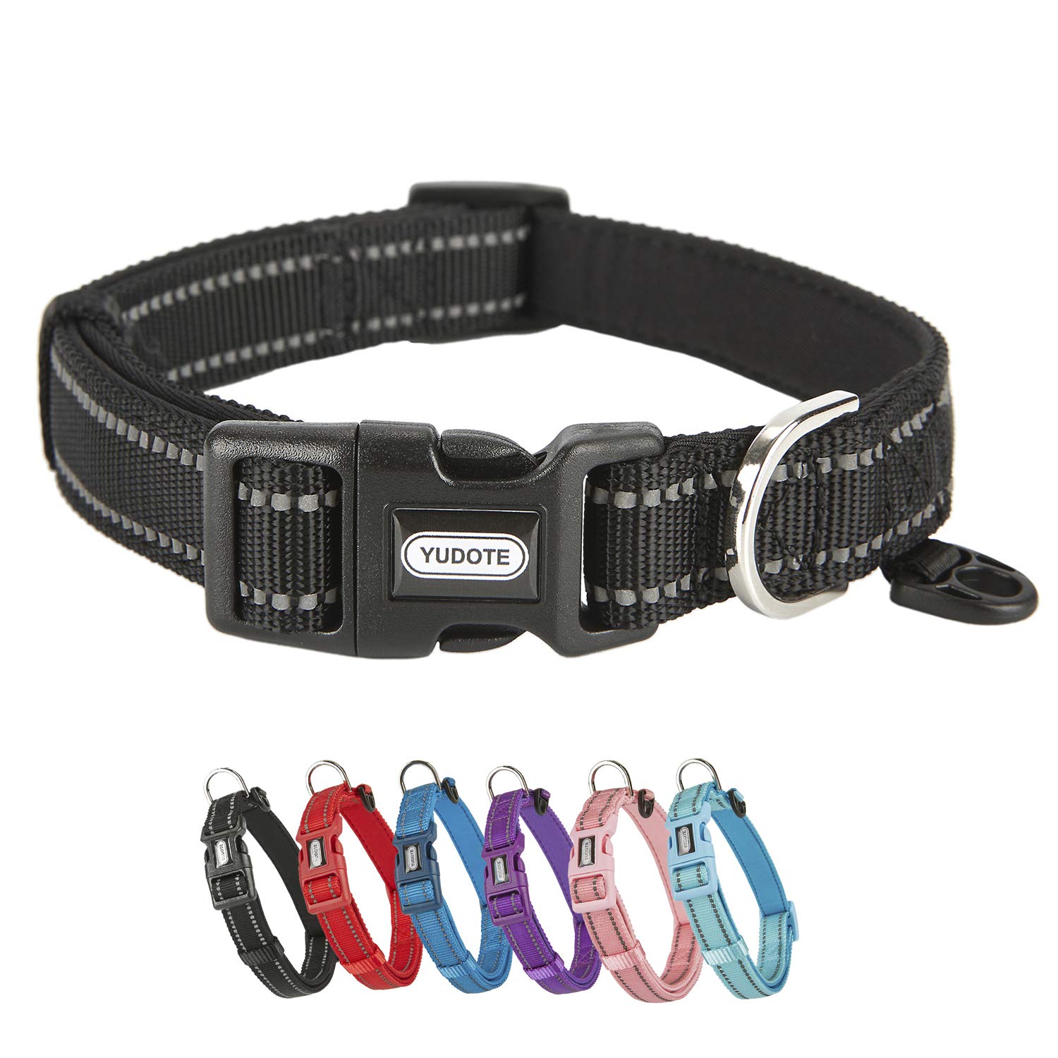 YUDOTE Dog Collar Medium Strong Reflective Nylon Webbing with Soft Comfy Neoprene Padded Linning for Medium Dogs Daily Use,Black