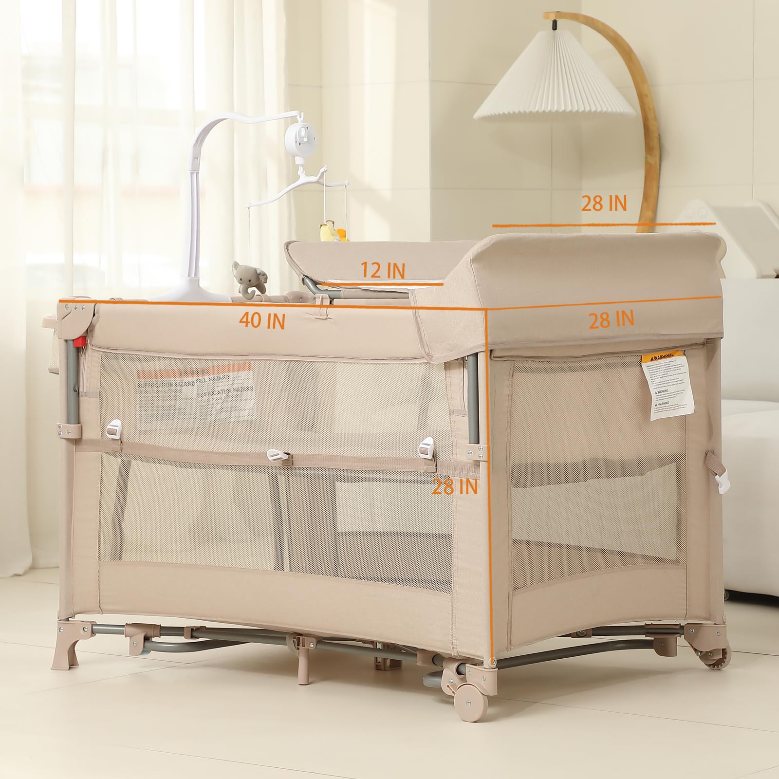 5 in 1 Pack and Play, Baby Bassinet Bedside Sleeper, Baby Playard, Bedside Crib with Changing Table, Foldable Travel Playard for Newborn to Toddles (Beige)