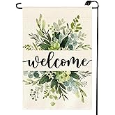 Welcome Spring Summer Garden Flag 12x18 Inch Double Sided for Outside Burlap Small Floral Eucalyptus Seasonal Farmhouse Yard Outdoor Decoration CX06