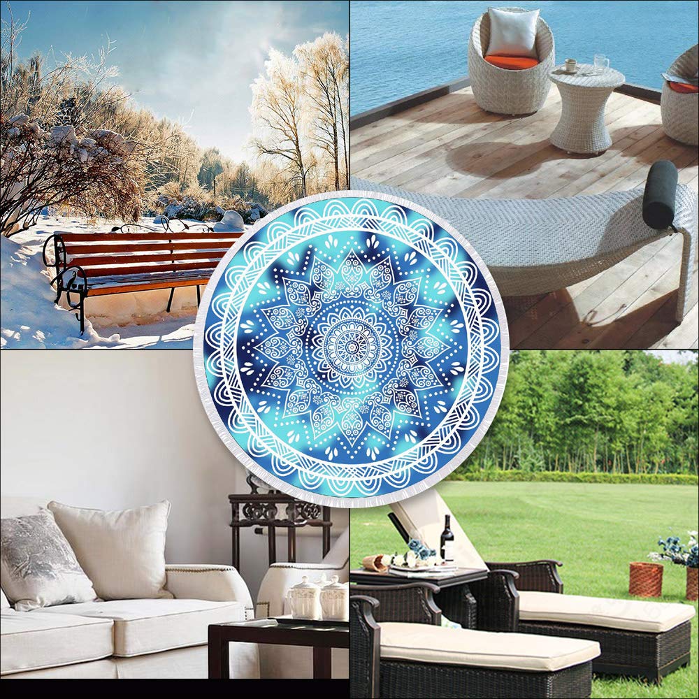 btcus4 Round Beach Towel Thick Microfiber Circle Blanket with Tassels Multi-Purpose Ultra Soft Super Water Absorbent Digital Printing High Color Fastness Sunscreen Yoga Mat Camping (119-blue Mandala)