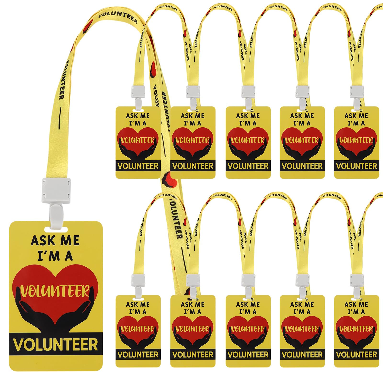 Photo 1 of 10 Sets Volunteer Lanyards with Badges PVC Plastic Card Pass Love Volunteer Name Tags for Music Party, Fundraising, School, Church, Events, Activity(Yellow)
