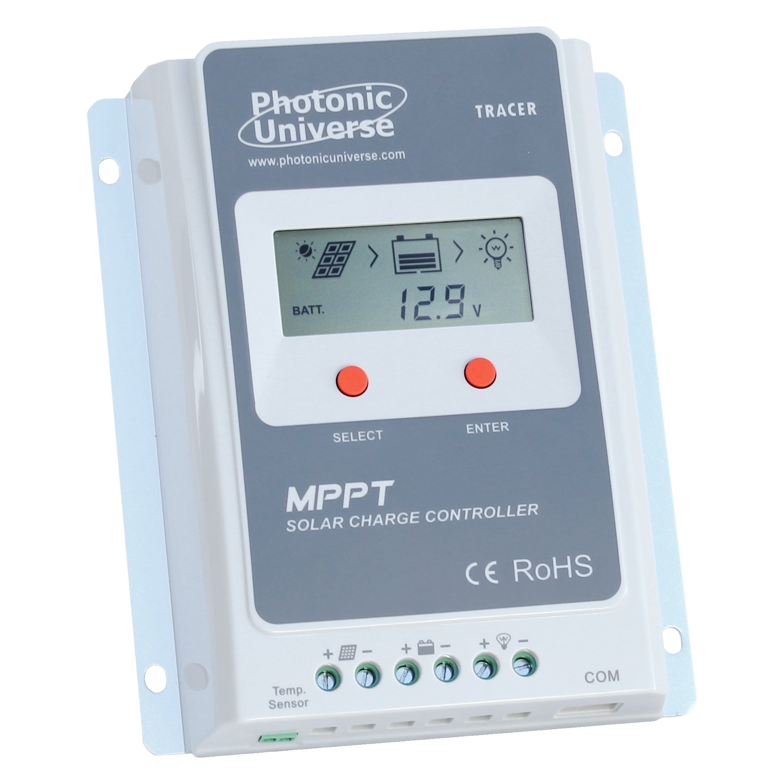 Photonic Universe 10A MPPT solar charge controller / regulator with built in LCD display for solar panels up to 130W (12V battery system) / 260W (24V battery system) up to 100V