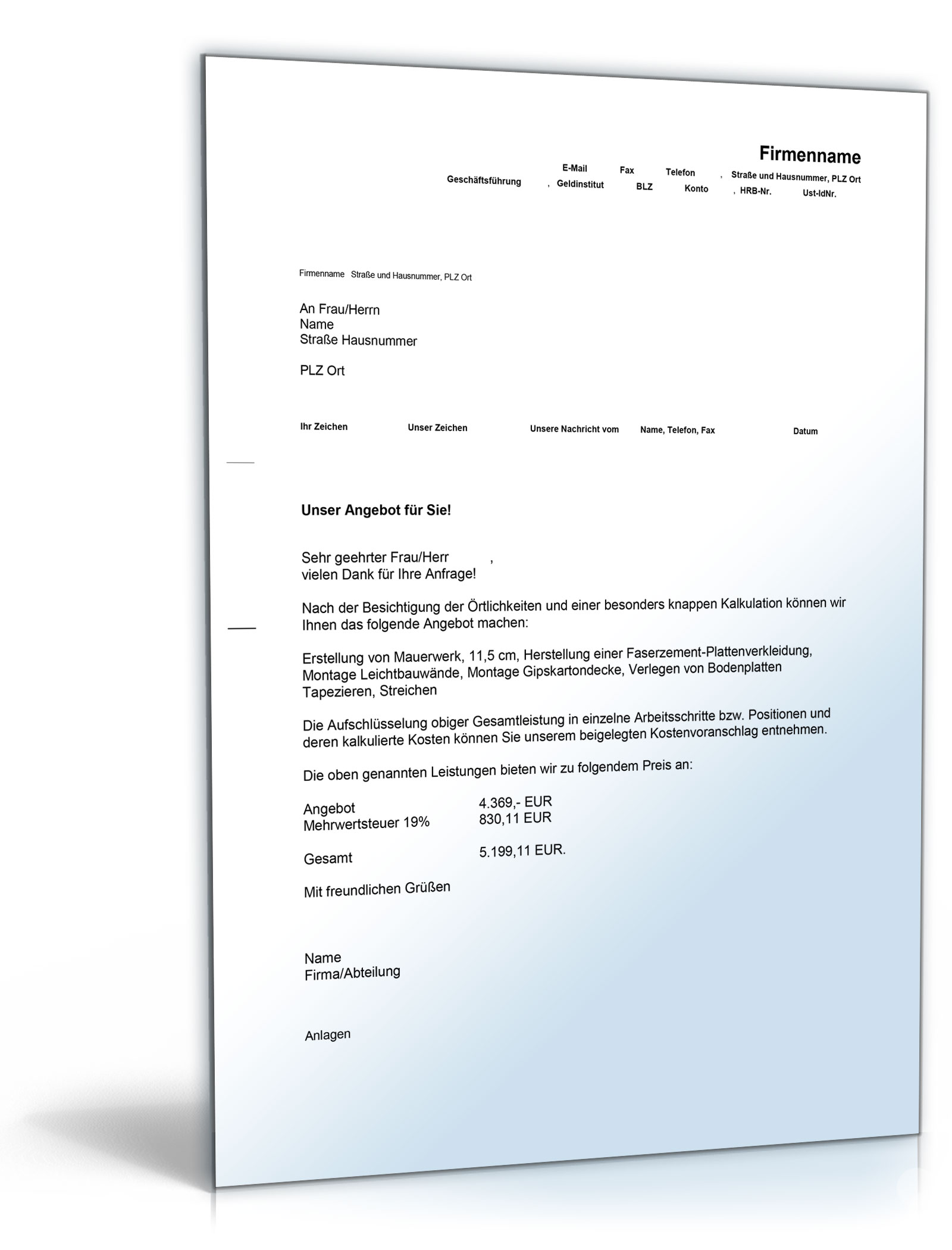 Kostenvoranschlag Trockenbau Maurer Und Malerarbeiten Zip