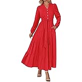 PRETTYGARDEN Maxi Dresses for Women Spring Long Sleeve V Neck Belted A Line Flowy Boho Wedding Guest Dress Pockets