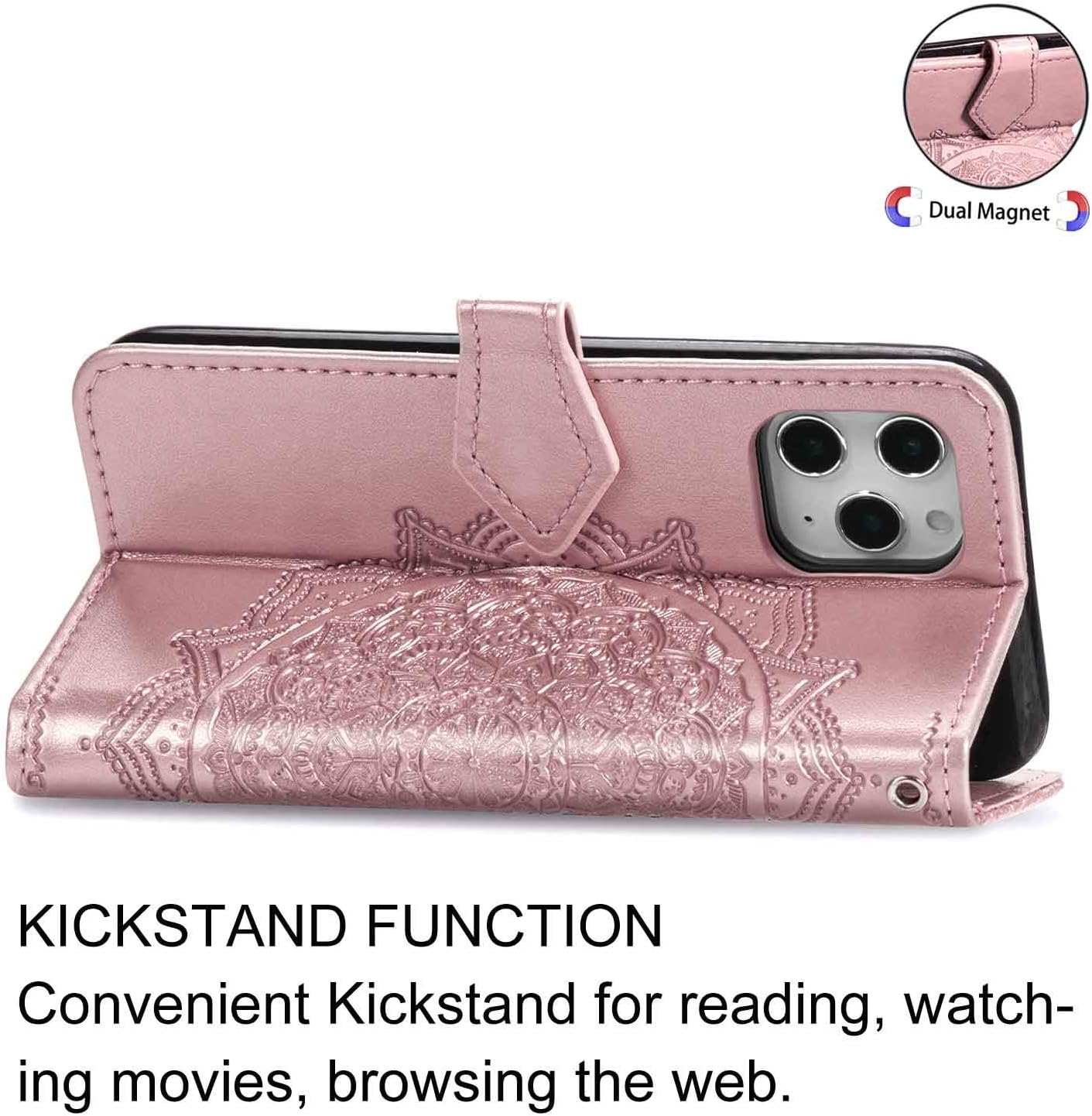 iEugen Compatible with iPhone 12 & iPhone 12 Pro Case,3 Card Slots,1 Note Pockets,Kickstand,Mandala Flower Embossed,Double Magnetic Clasp,Luxury PU Leather Wallet Case Flip Folio Cover,Black
