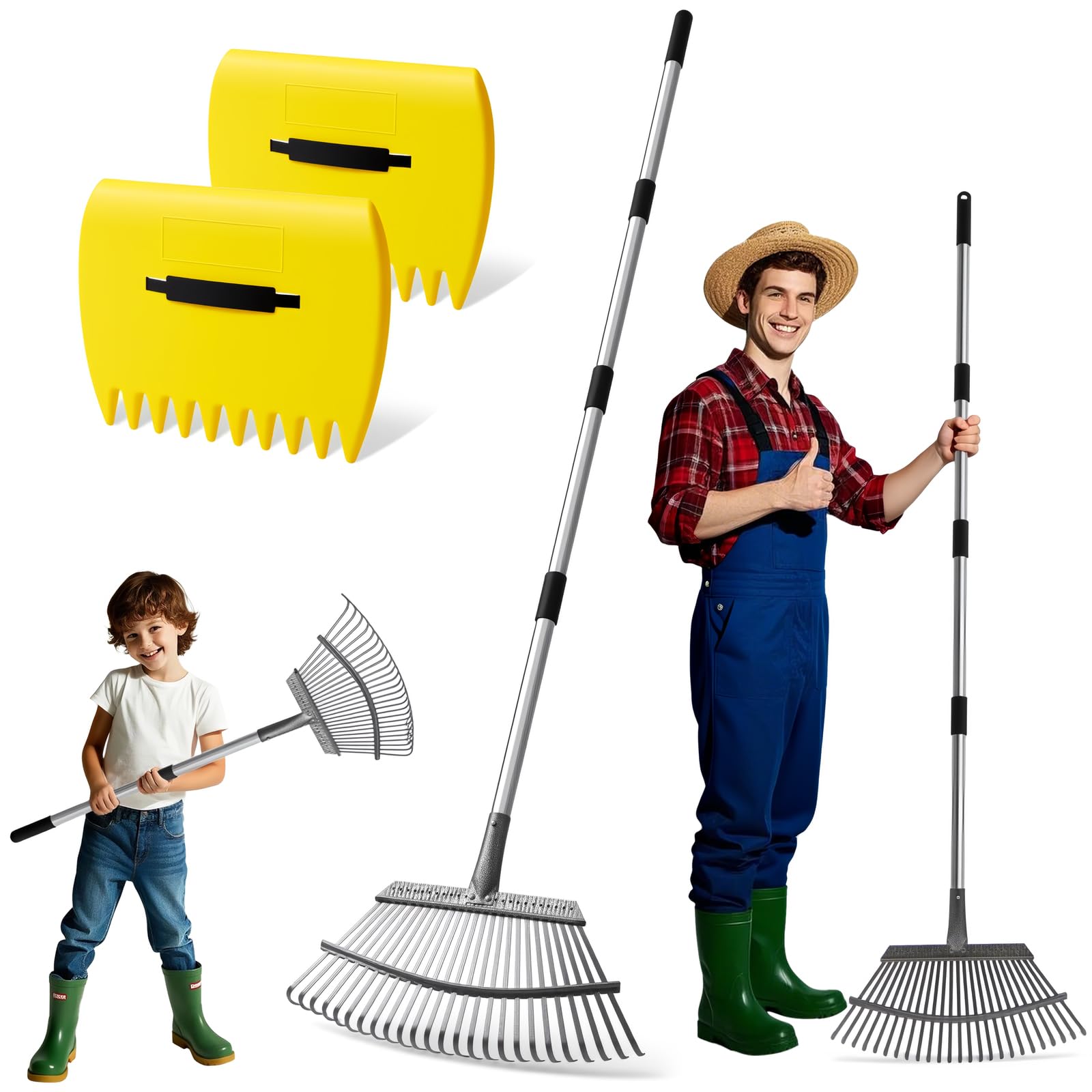 Photo 1 of 2-in-1 Leaf Rake Set with Leaf Scoops, 25-Tine Garden Rake and Grabber for Leaf Cleanup & Picker Up, Adjustable Long Handle, Wide Metal Head for Garden?, Yard, Soil, Weeds?, Grass, Camping